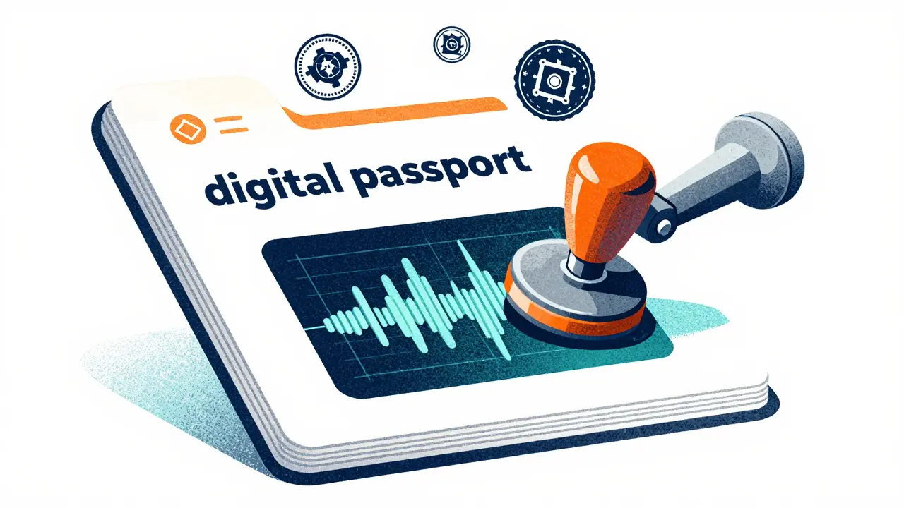 Concept art of a cryptographic digital passport attached to AI image and audio files.
