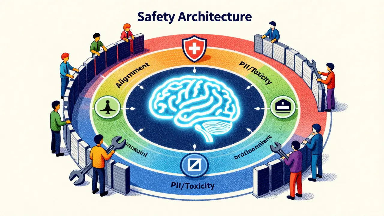 Conceptual AI safety architecture with protective rings around a glowing digital brain.