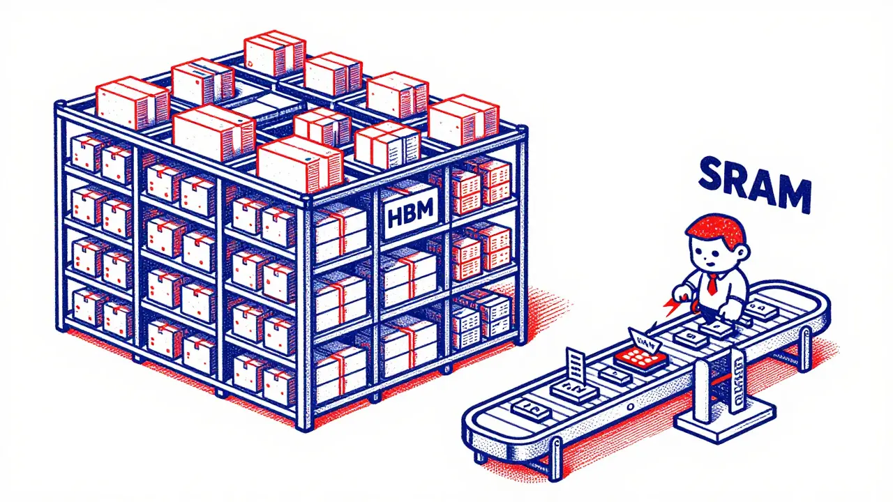 Conceptual GPU factory showing the efficient movement of data tiles from HBM to SRAM.