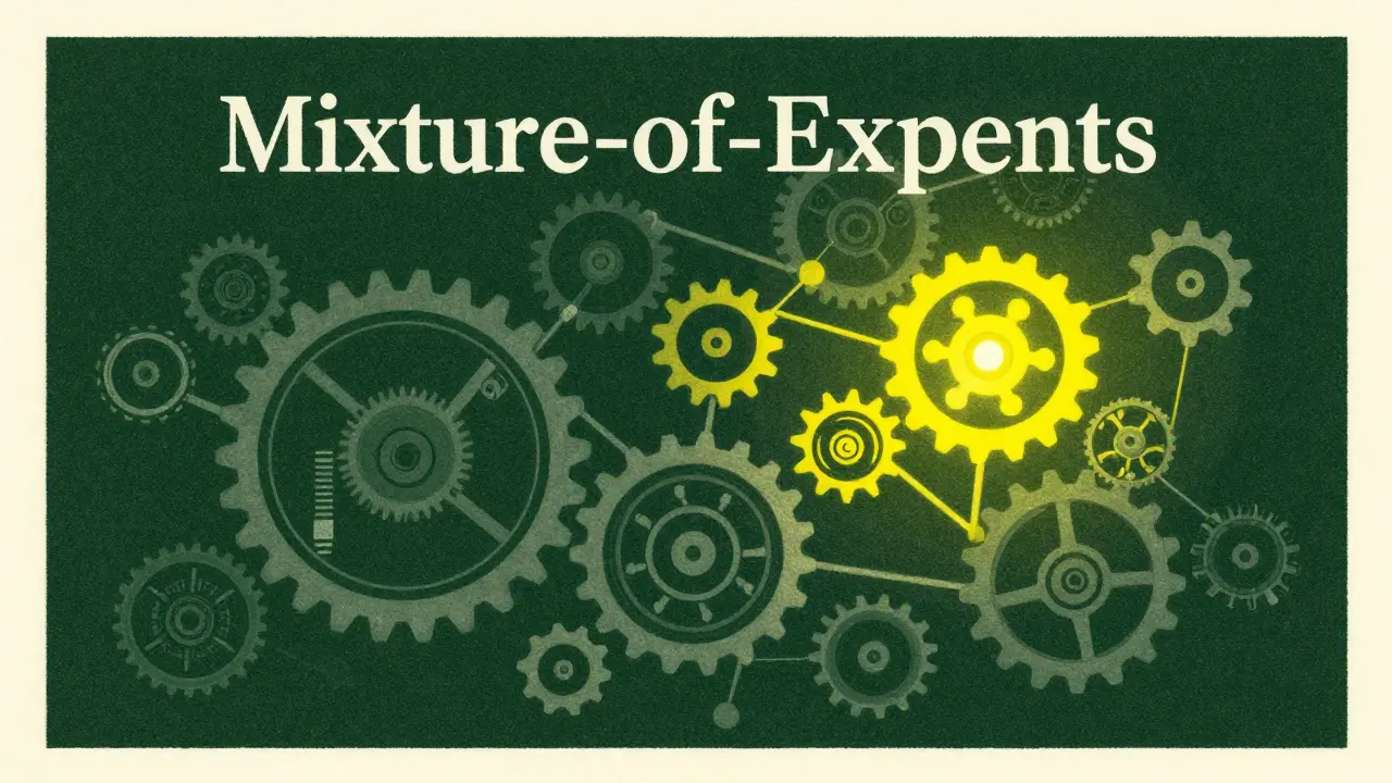 Conceptual risograph art of a Mixture-of-Experts AI architecture with active and dormant nodes.