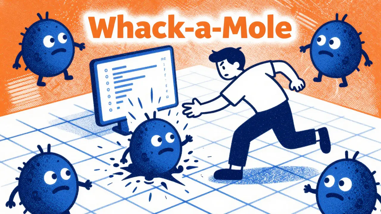 Developer struggling with multiple digital bugs popping up like a game of whack-a-mole.