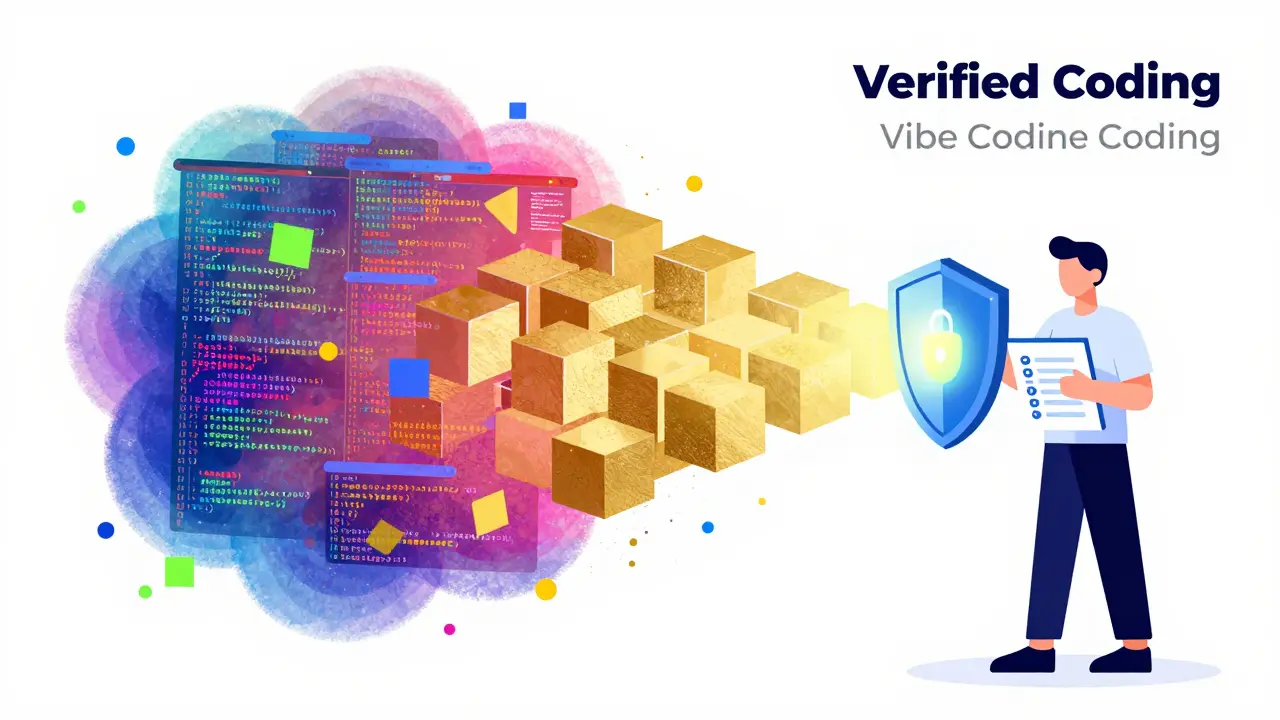 Human developer filtering chaotic AI code into secure, golden structural blocks.