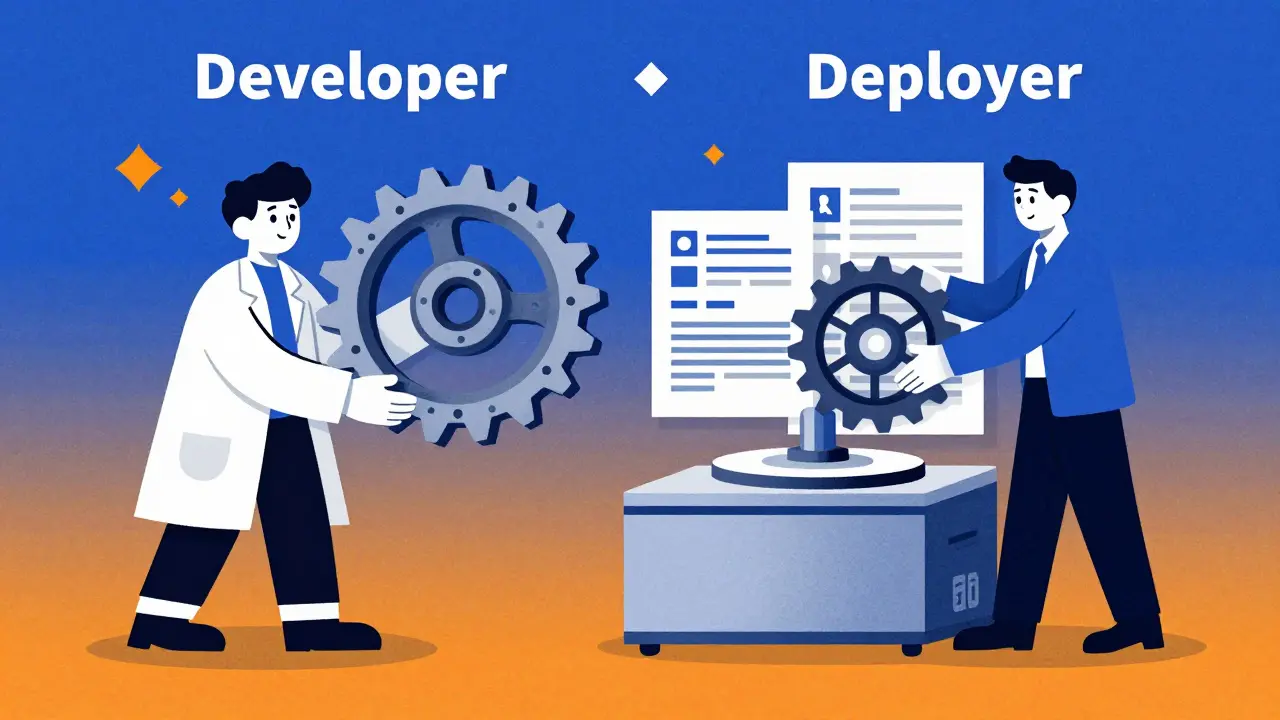 Illustration of a developer handing a mechanical AI gear to a business professional.