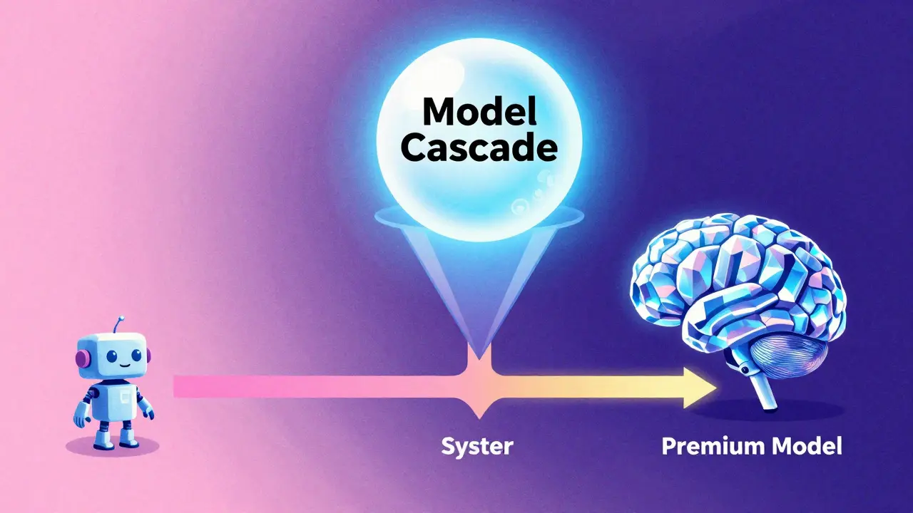 Risograph art showing a query being routed between a simple robot and a complex crystal brain.