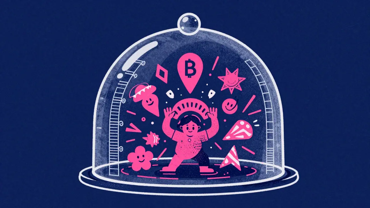 Risograph art showing a structural blueprint dome sheltering a small character.