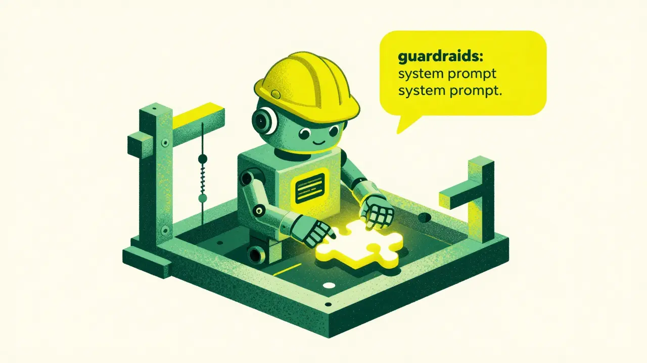 Risograph drawing of a robot architect assembling a code puzzle piece within guardrails.