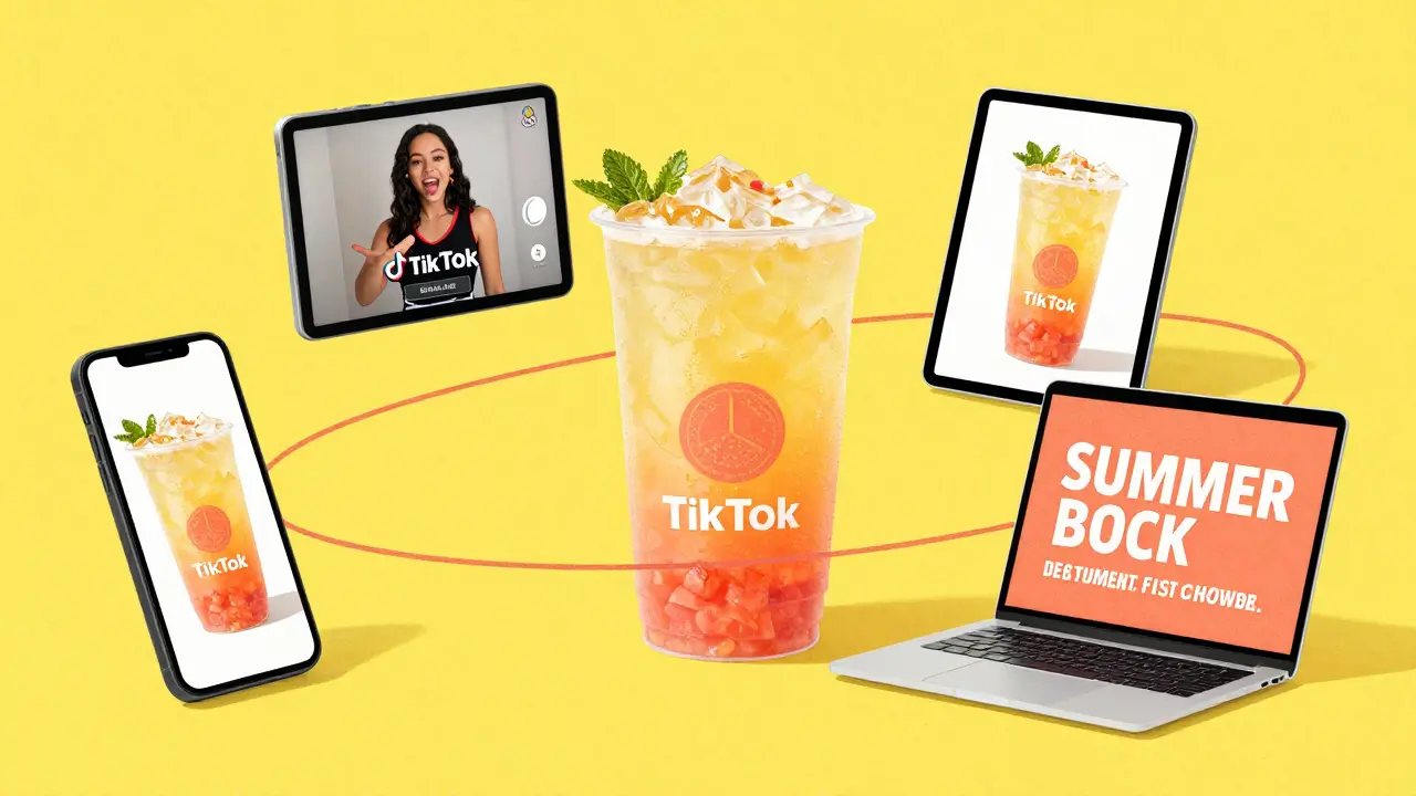 Risograph illustration of a consistent product campaign across a phone, tablet, and laptop.