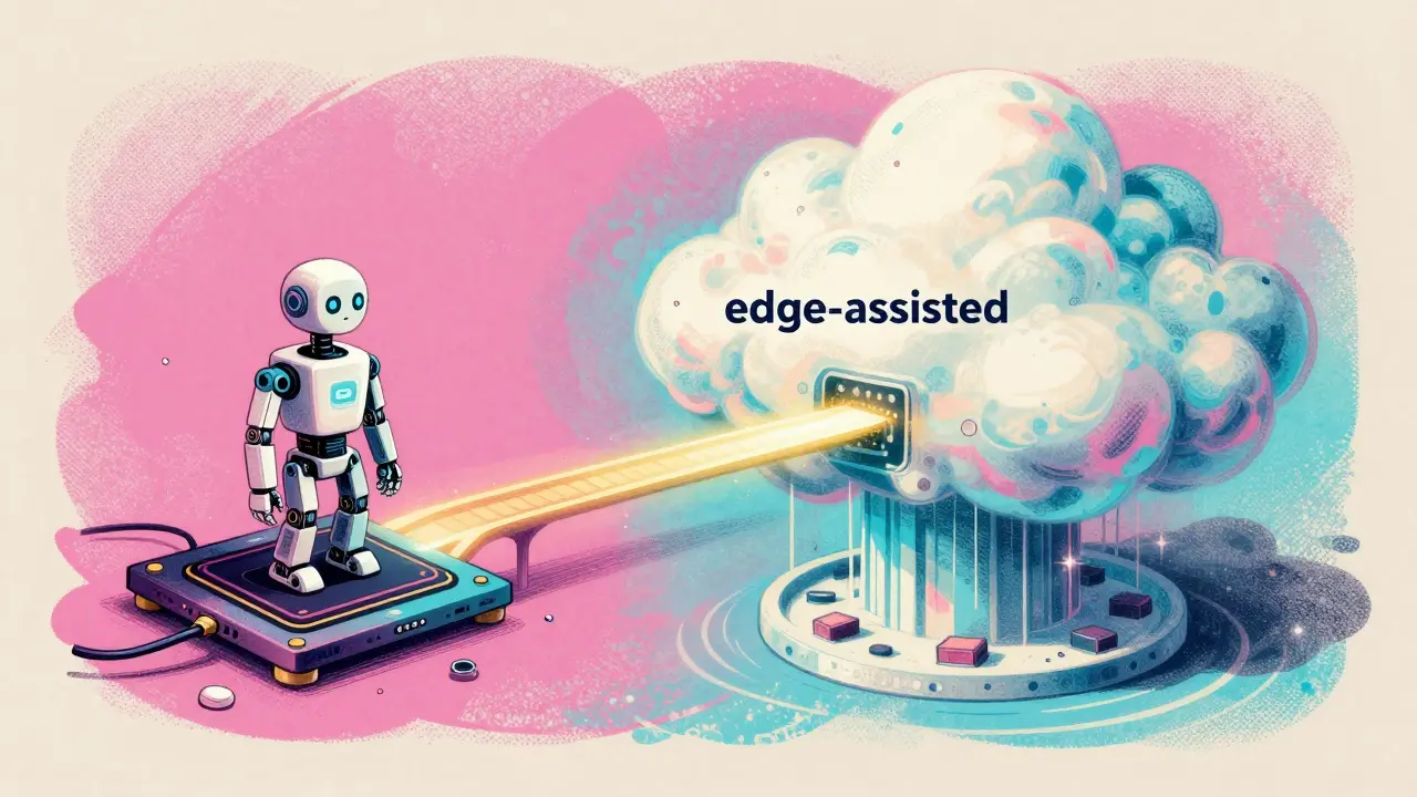 Risograph illustration of a hybrid local and cloud AI system connected by a bridge of light.