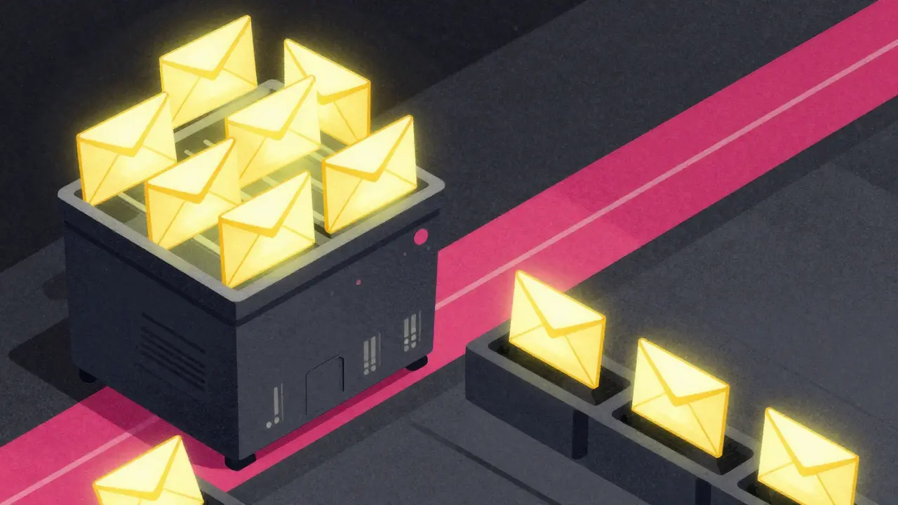 Risograph illustration of AI queries being grouped into a batch on a conceptual assembly line.