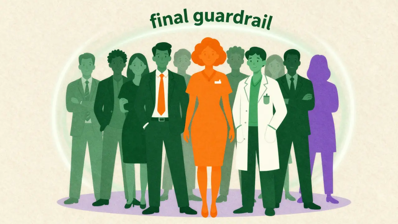 Risograph illustration of diverse professional silhouettes protected by a circular barrier.