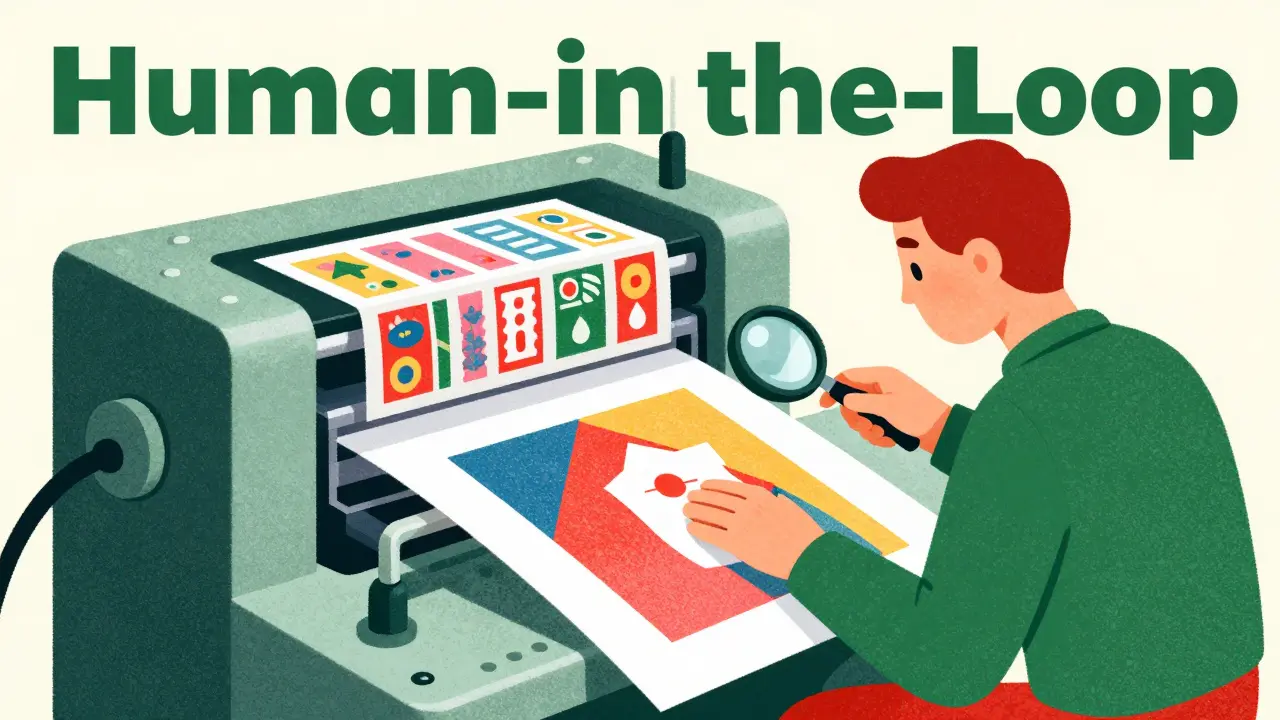 Risograph image of a creative director refining AI-generated ad variations to add emotional resonance.