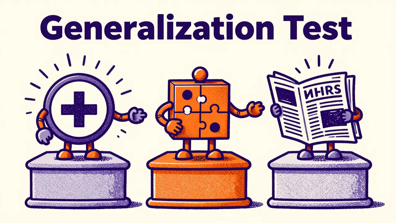 Robot successfully performing medical, logic, and general tasks at three pedestals in risograph style