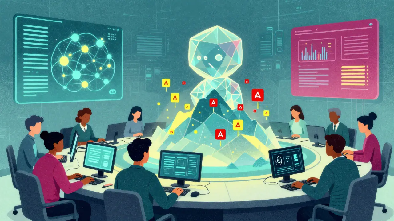 Security analysts and an AI entity analyzing network anomalies in risograph style.