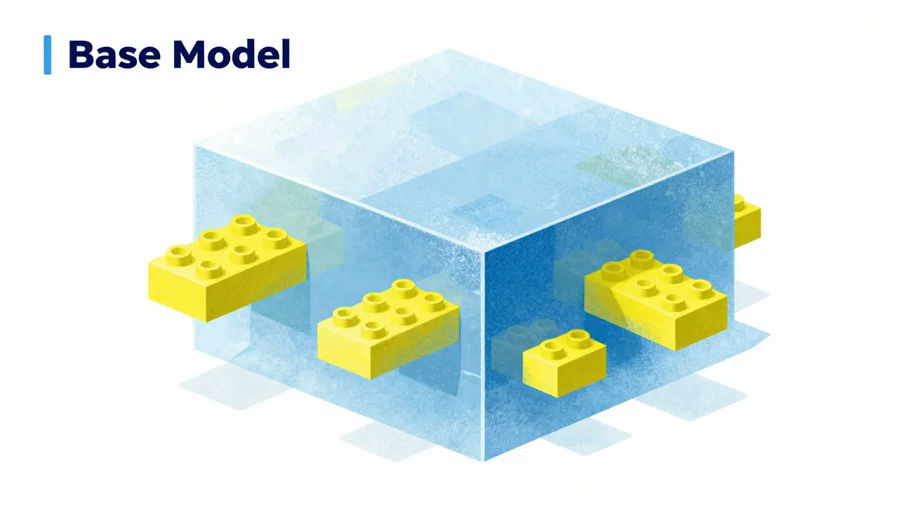 Small yellow adapter blocks attached to a large frozen blue base model in risograph illustration