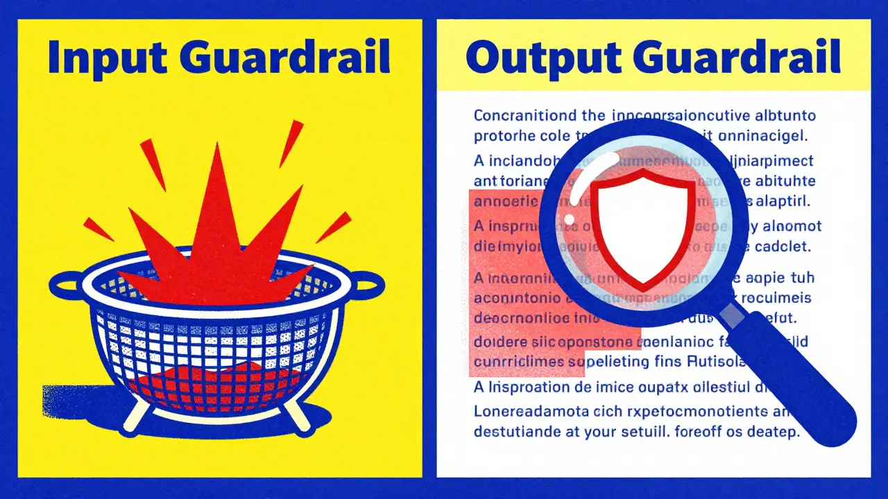 Split-screen illustration of input and output guardrails filtering data and scanning text.