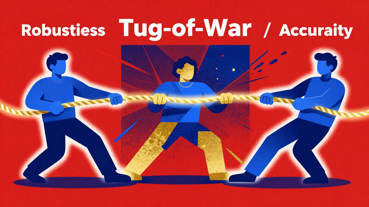 Stylized figures in a tug-of-war over an AI image, representing technical trade-offs.