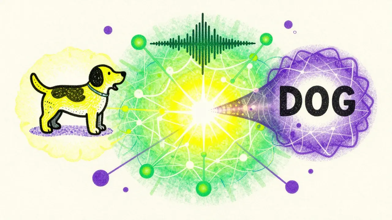 Text, image, and audio data merging into a single conceptual point in a vector space.