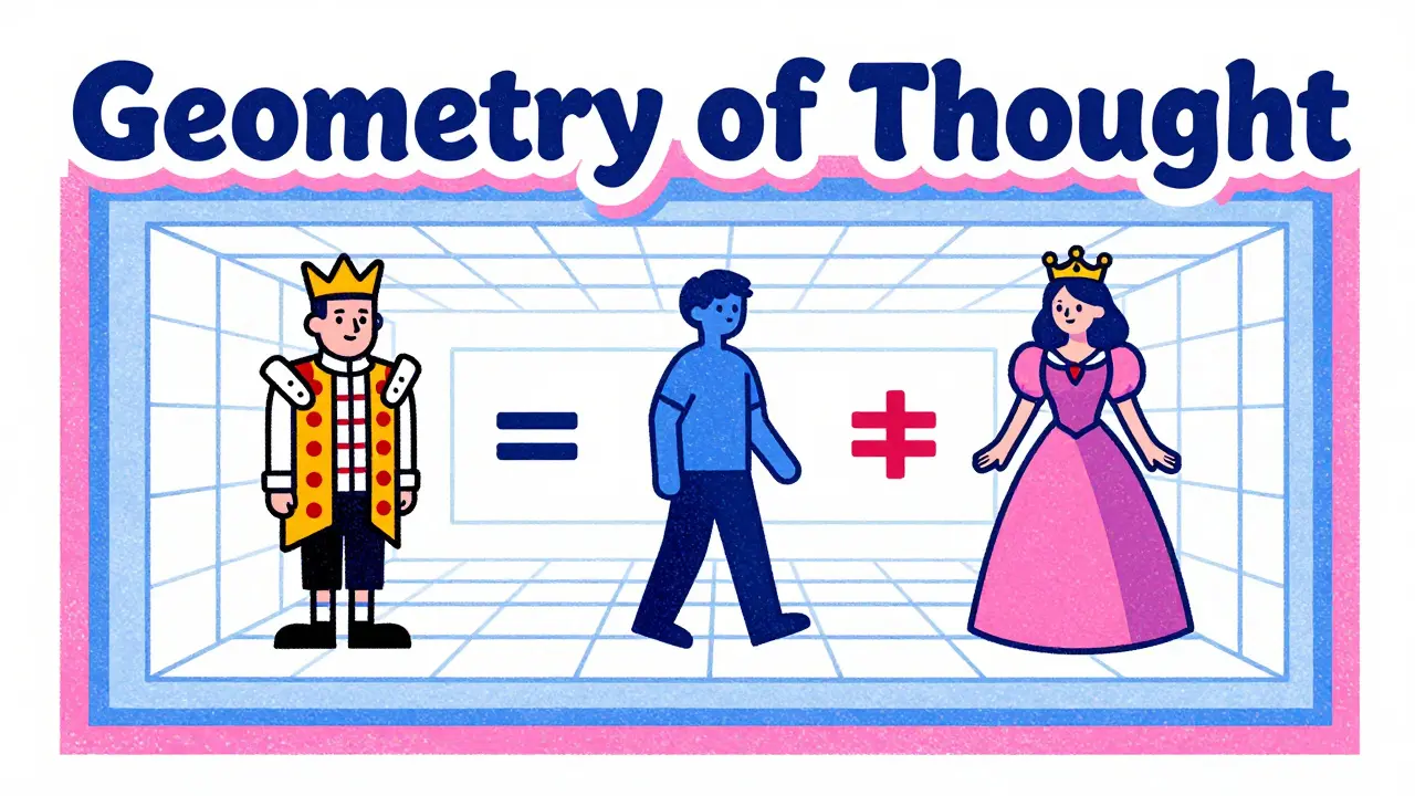Visual vector math showing the relationship between King, Man, Woman, and Queen.