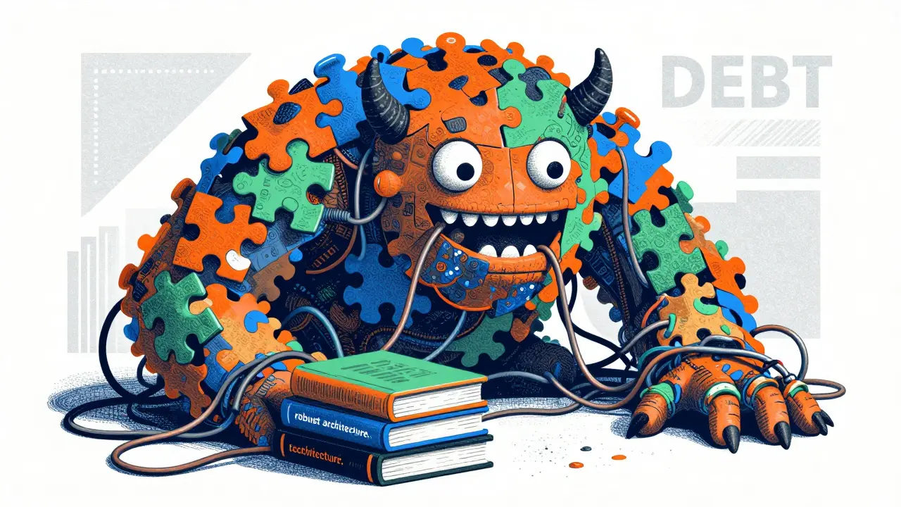 Abstract monster of tangled code looming over neat books, Risograph print