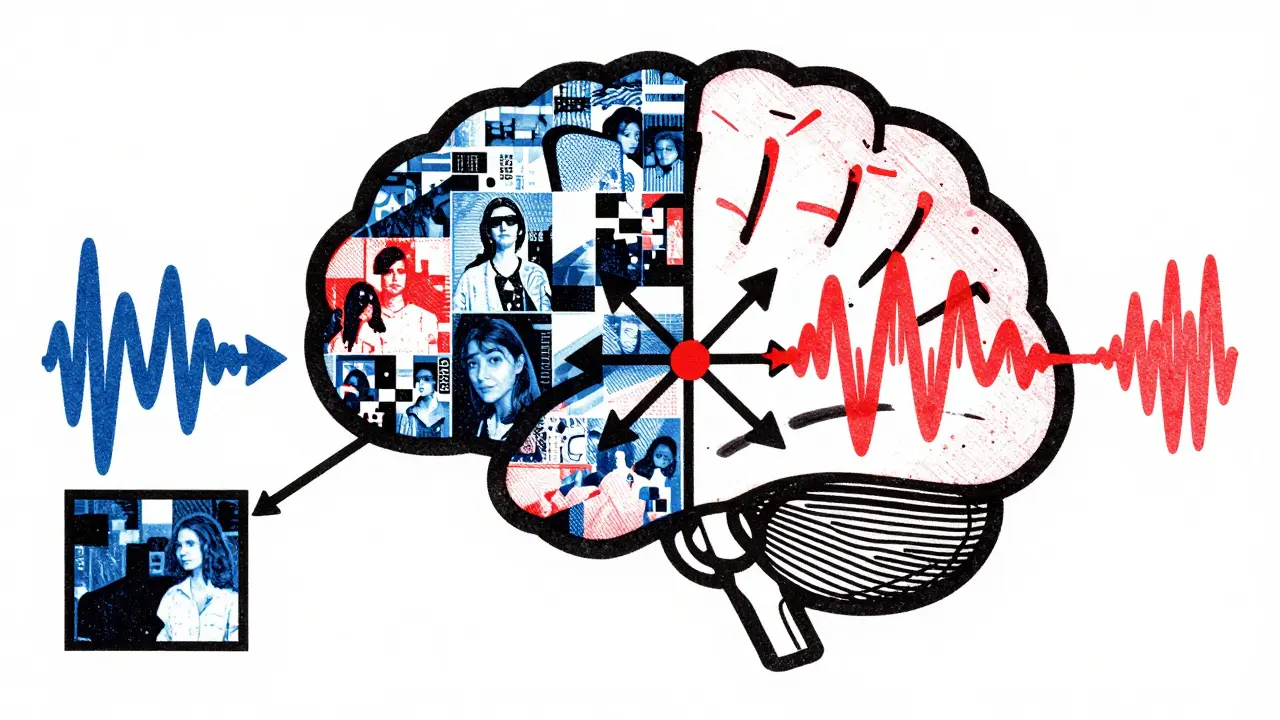 Abstract risograph graphic showing visual and audio data merging into a central AI node.