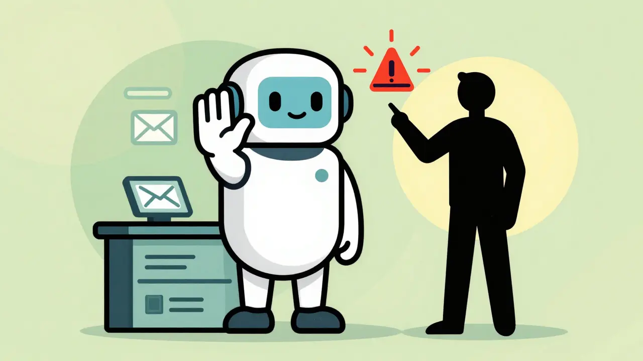 AI agent pausing for human approval at a control panel with safety alerts