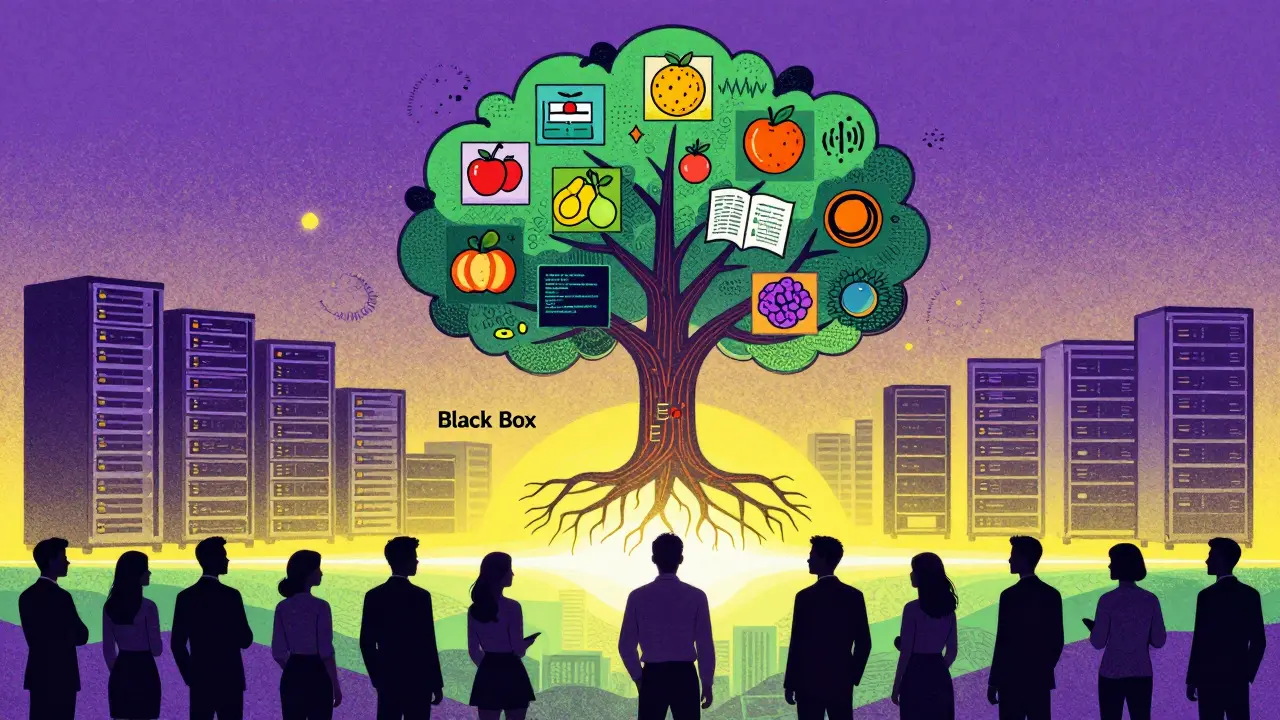 AI server tree growing data fruits with professionals, Risograph style