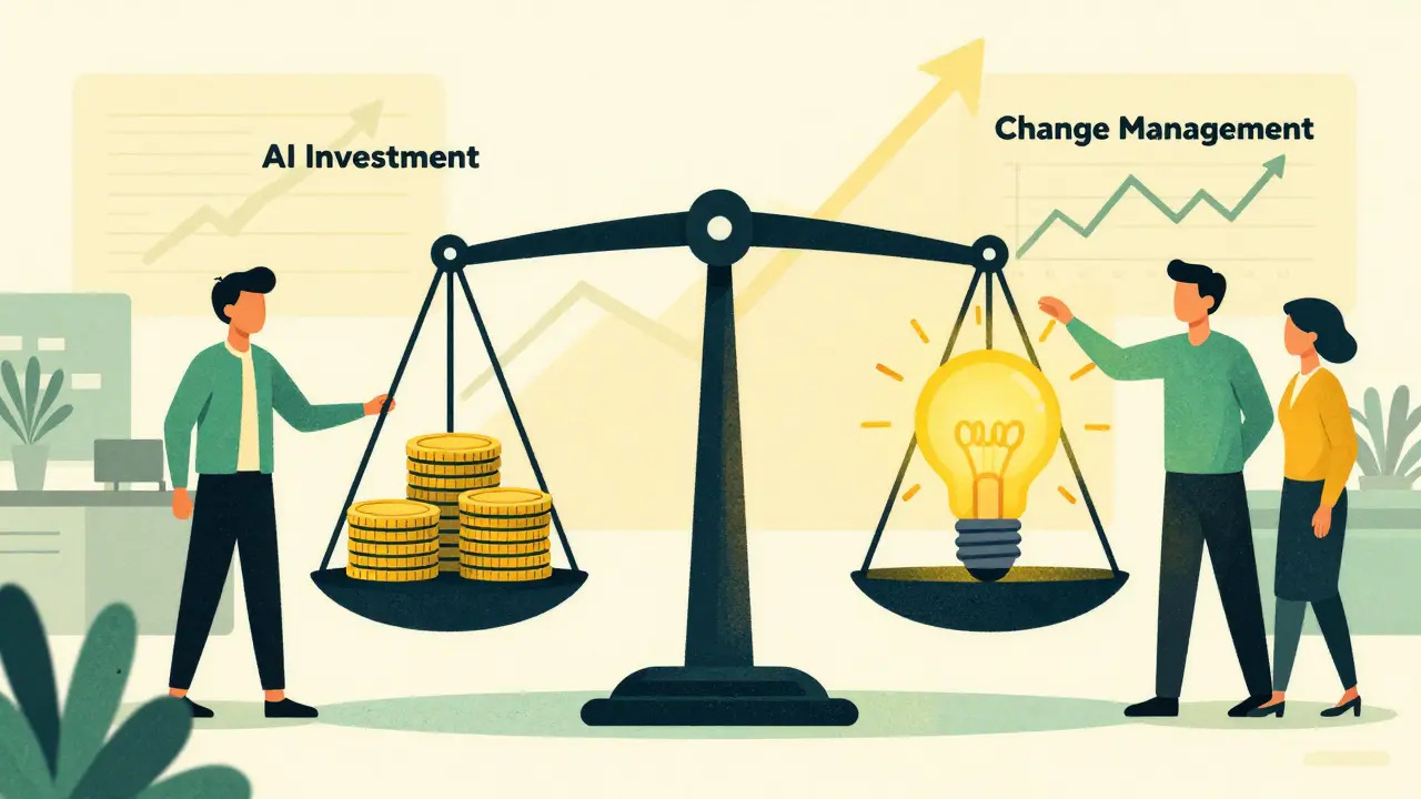 Balanced scale illustrating AI investment versus value through team collaboration