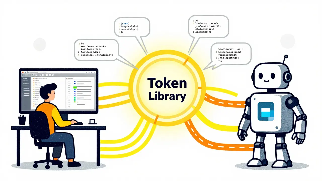 Cartoon of designer and AI robot connected by central token library hub