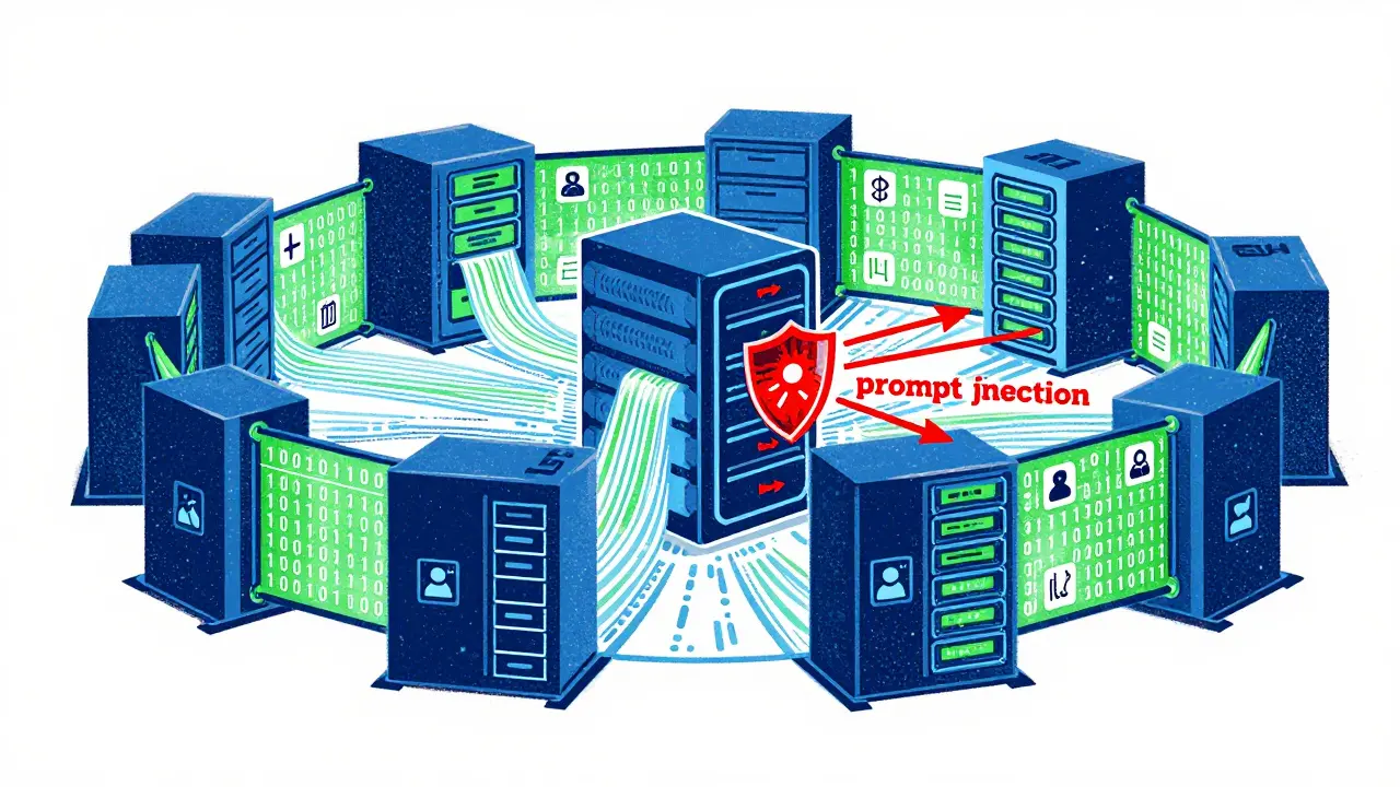 Conceptual art of data streams protected by security shields against cyber threats.