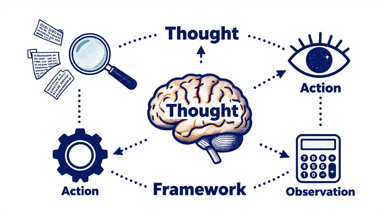 Conceptual diagram of AI reasoning loop with thought, action, and observation steps