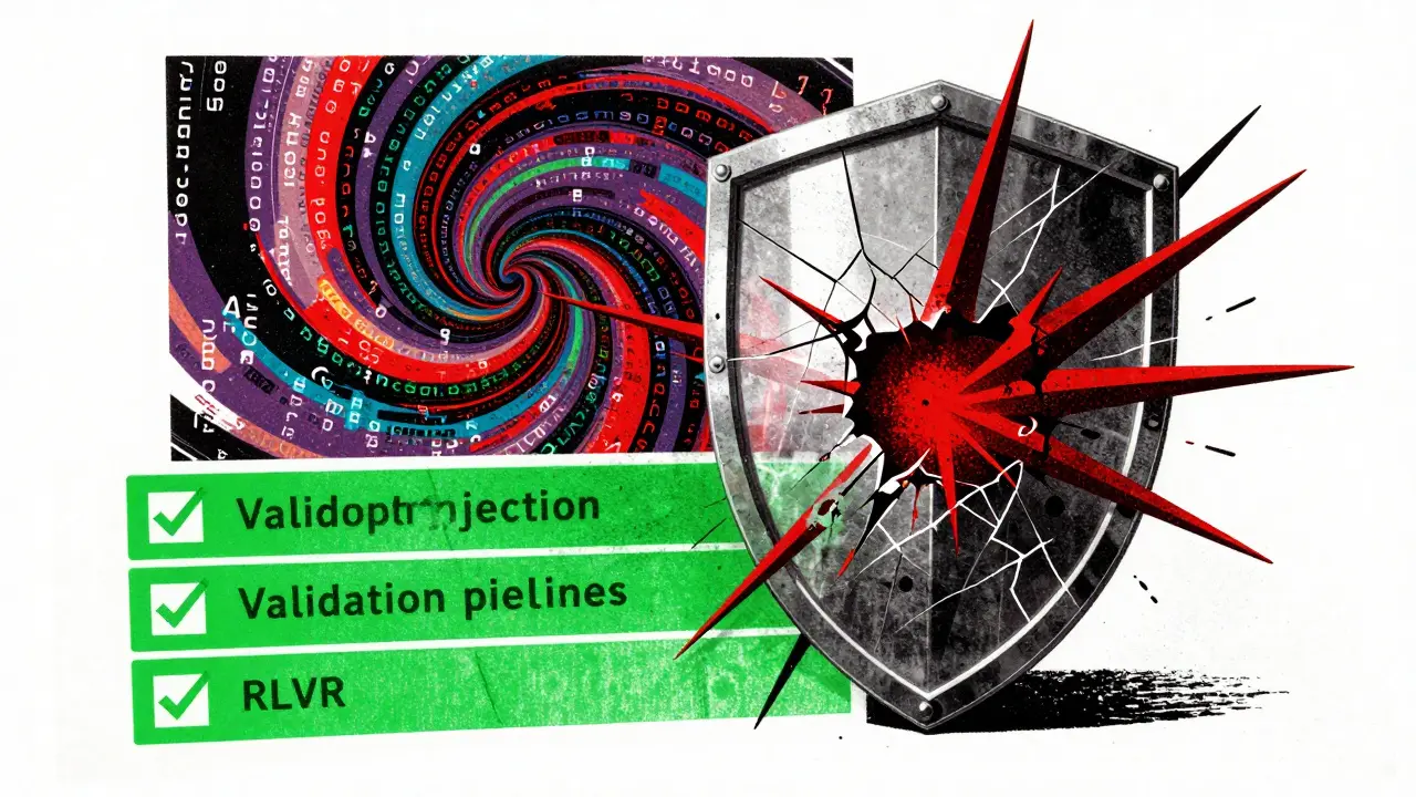 Conceptual Risograph art showing security shields cracking under AI-generated code vulnerabilities.