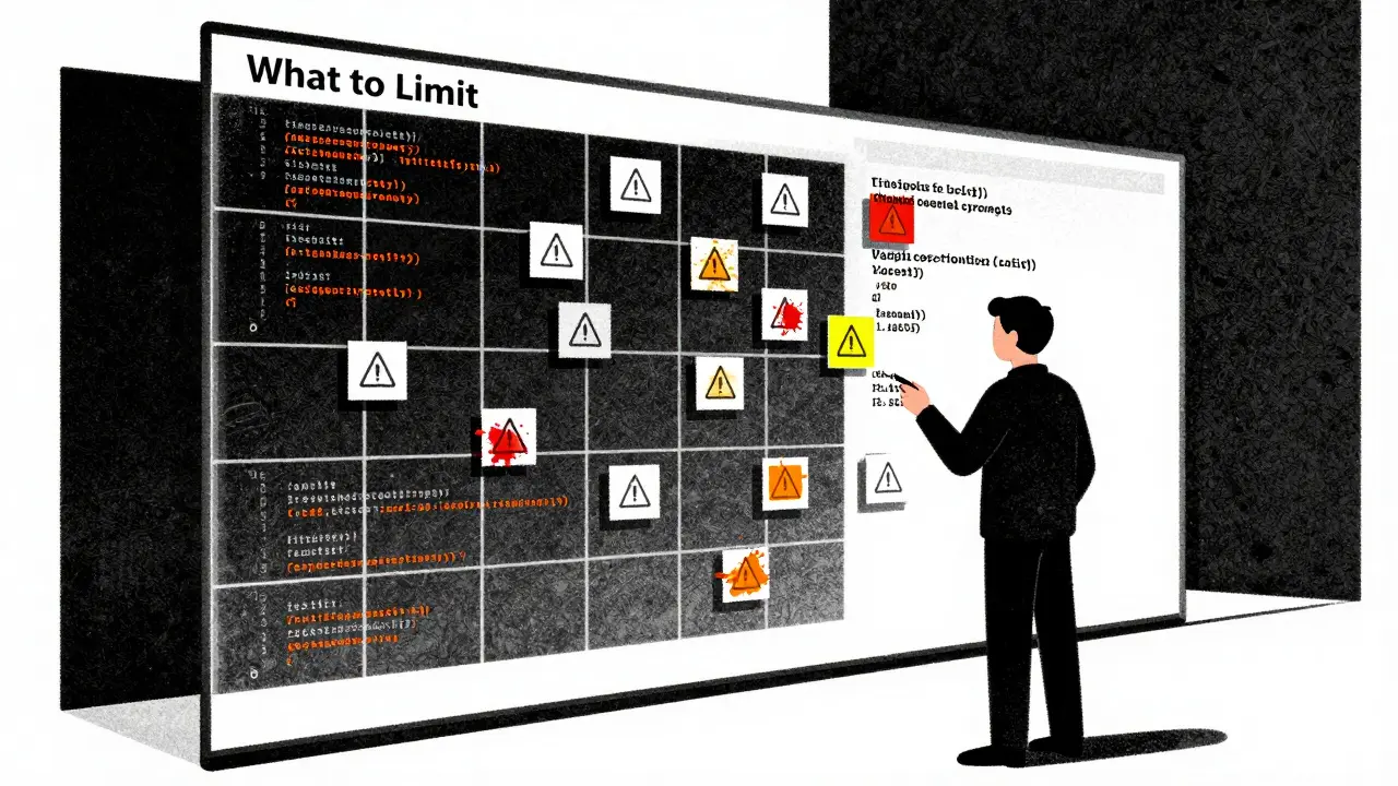 Developer inspecting code blocks behind a protective grid in Risograph art