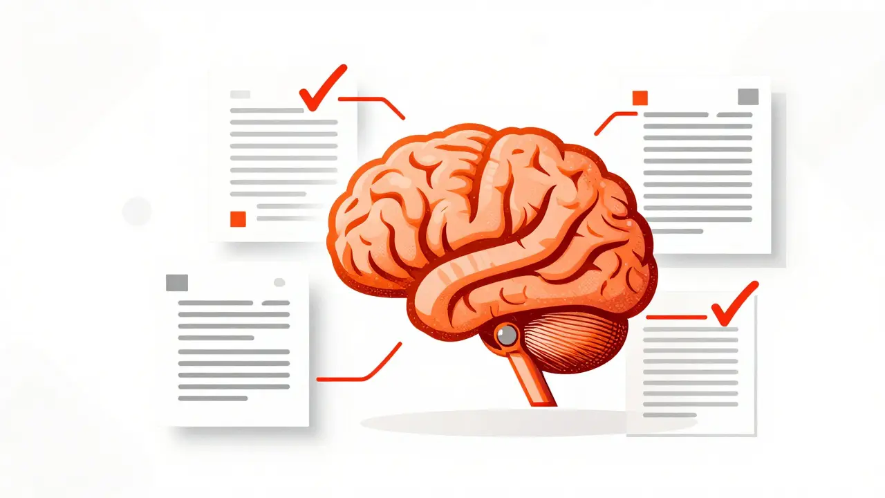 Digital brain automating contract reviews with redlines and flags appearing on documents.