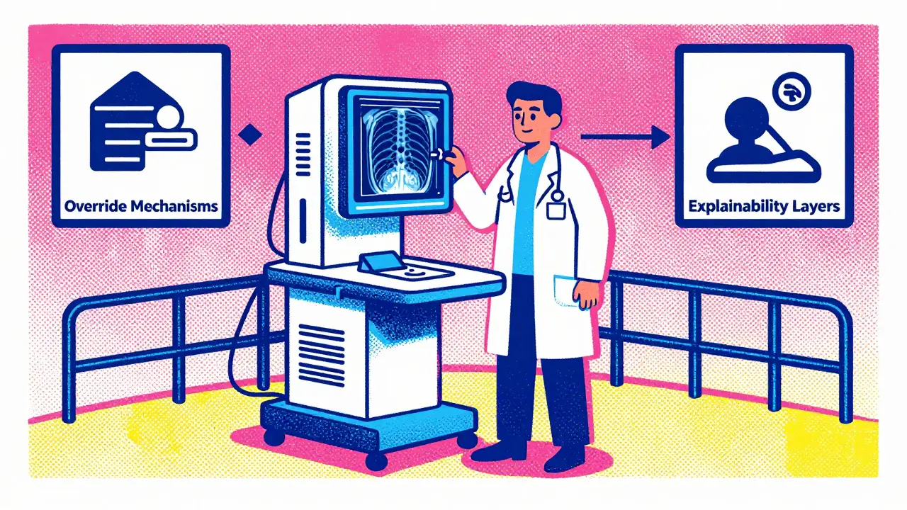 Doctor using AI diagnostic tool with safety icons in a grainy risograph print style.