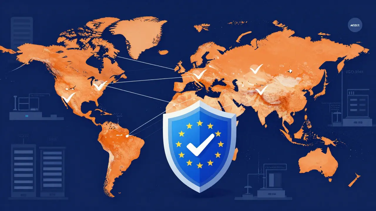 Global map with digital threads symbolizing AI regulation and fairness standards.