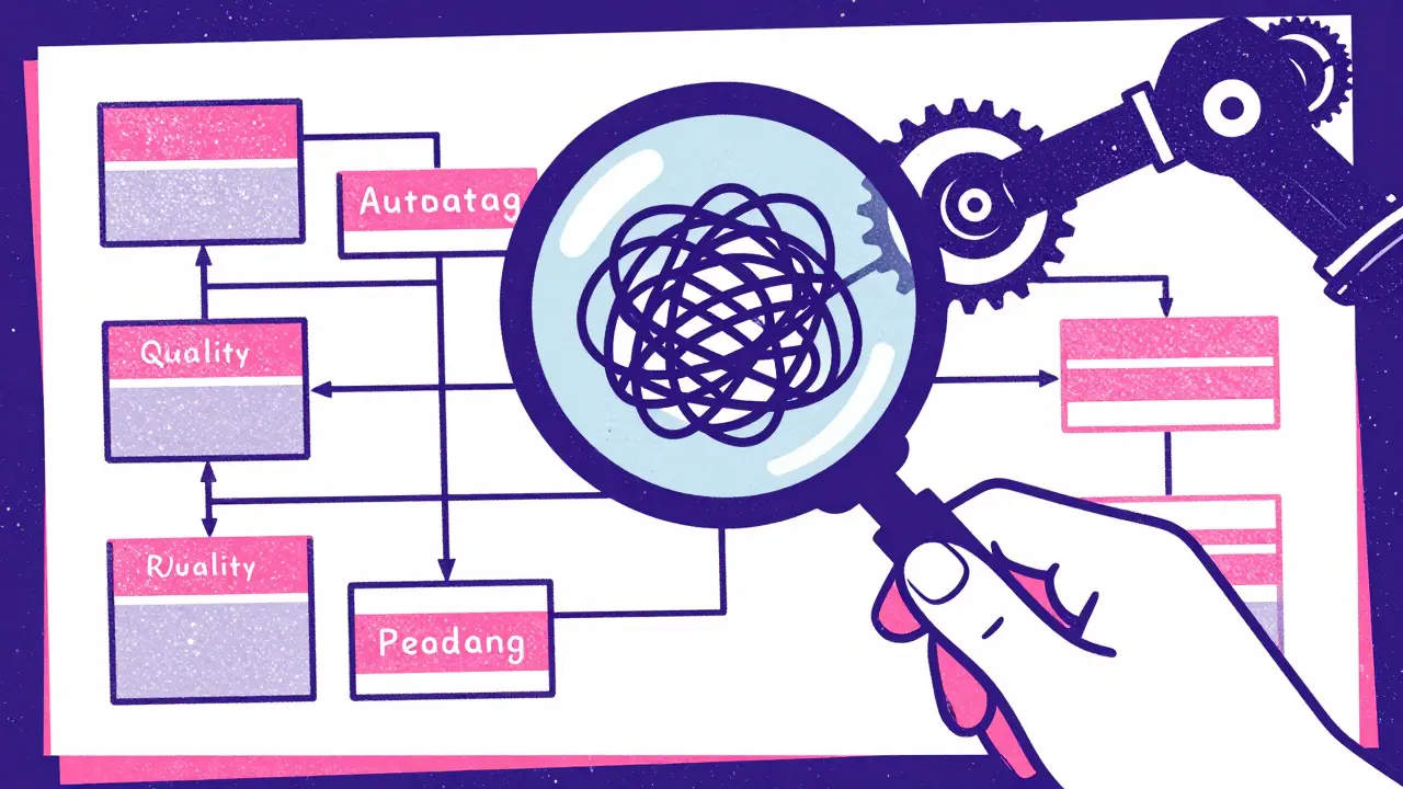 Hand with magnifying glass organizing chaotic flowchart via gears, Risograph