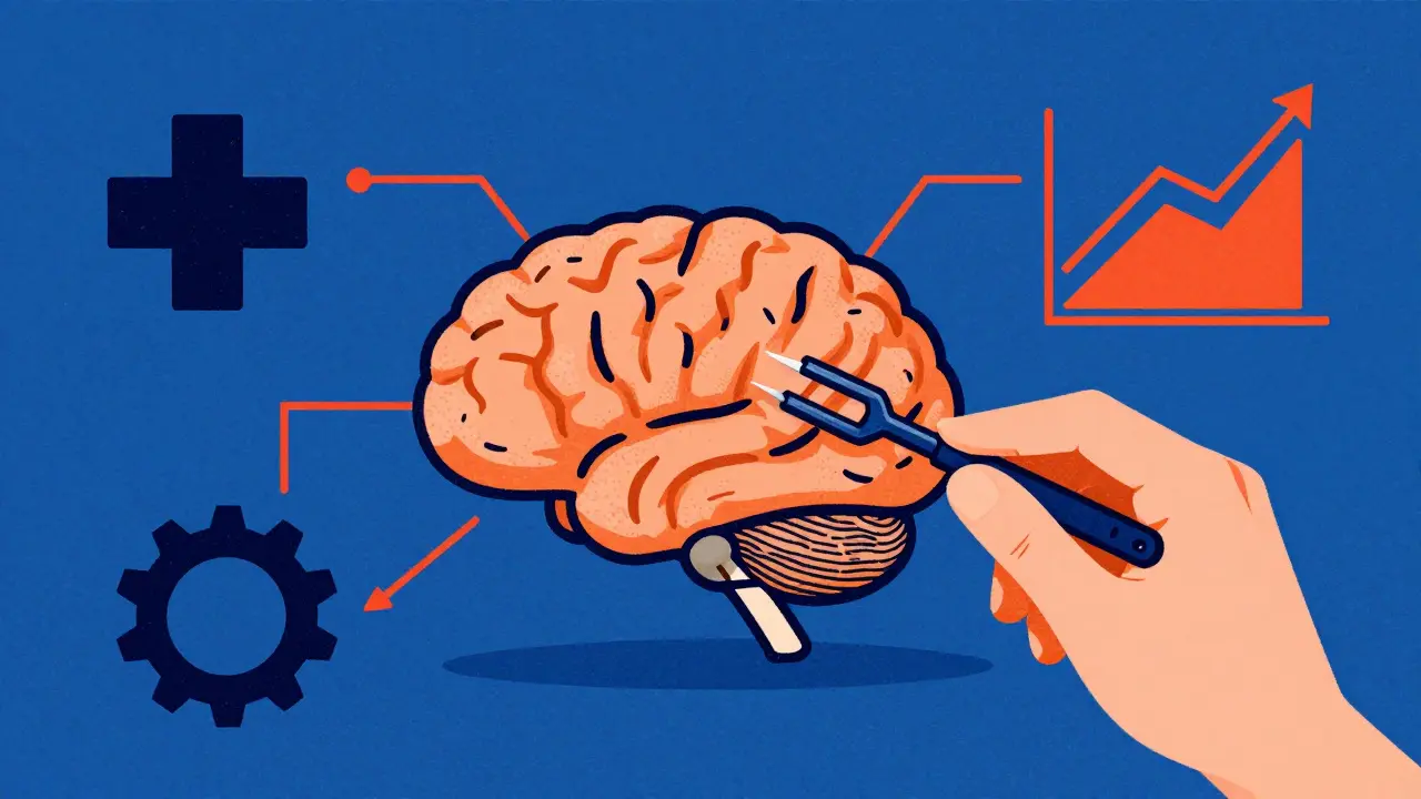 Human hand fine-tuning an AI brain with industry icons, Risograph art