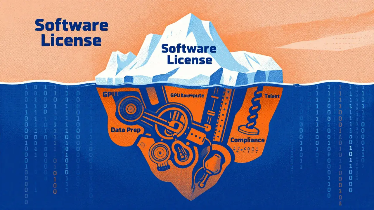 Iceberg metaphor showing hidden generative AI costs beneath surface software fees