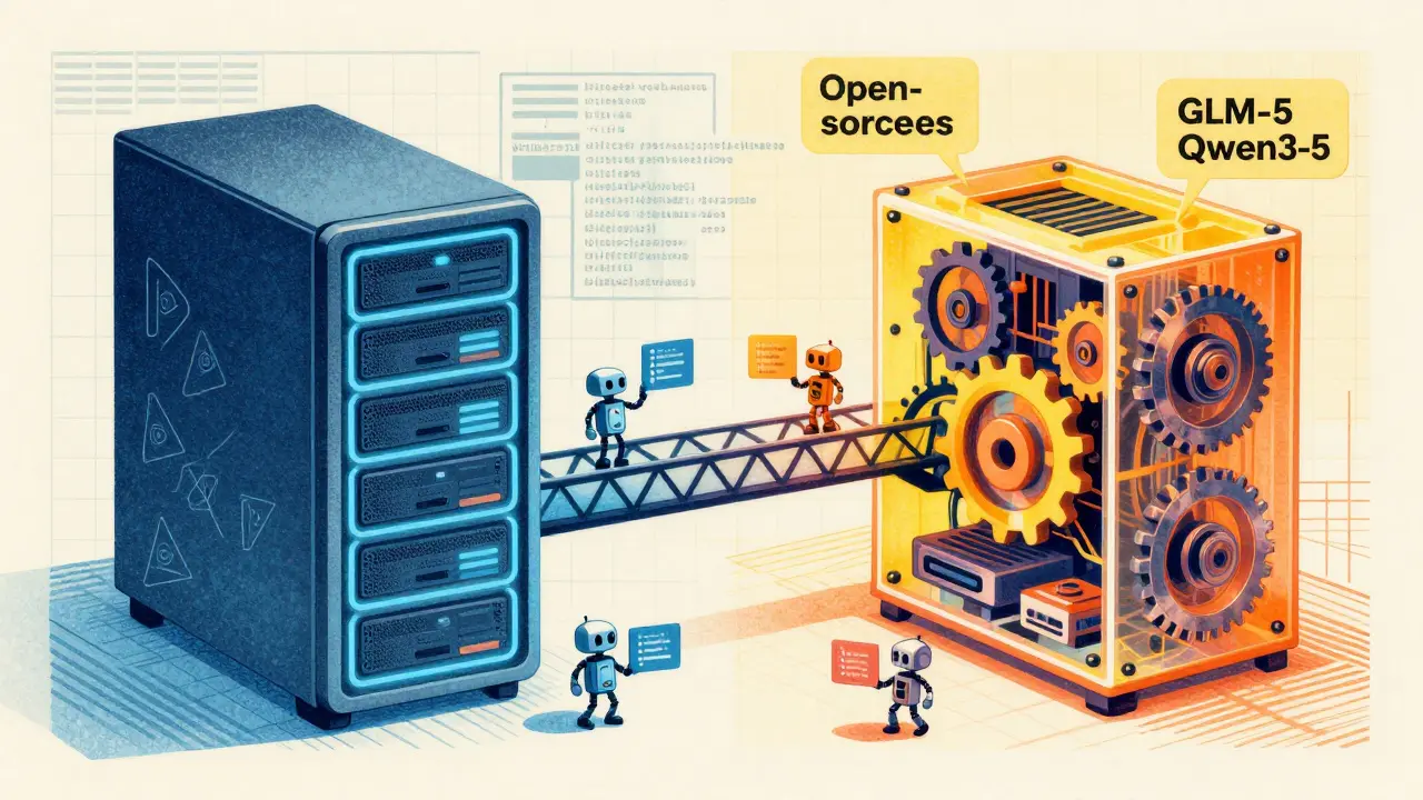 Illustration comparing open-source and closed-source AI models with modular vs enclosed machinery.
