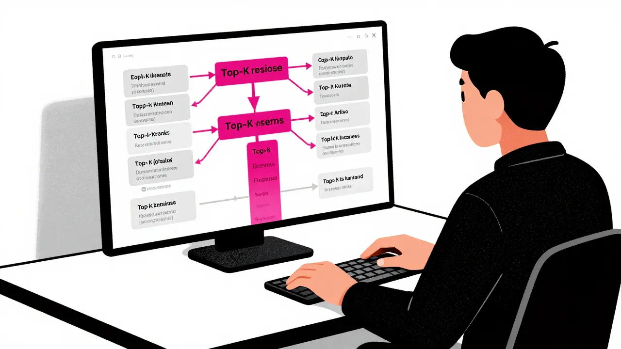 Illustration of a developer using branching paths to calibrate AI model outputs.