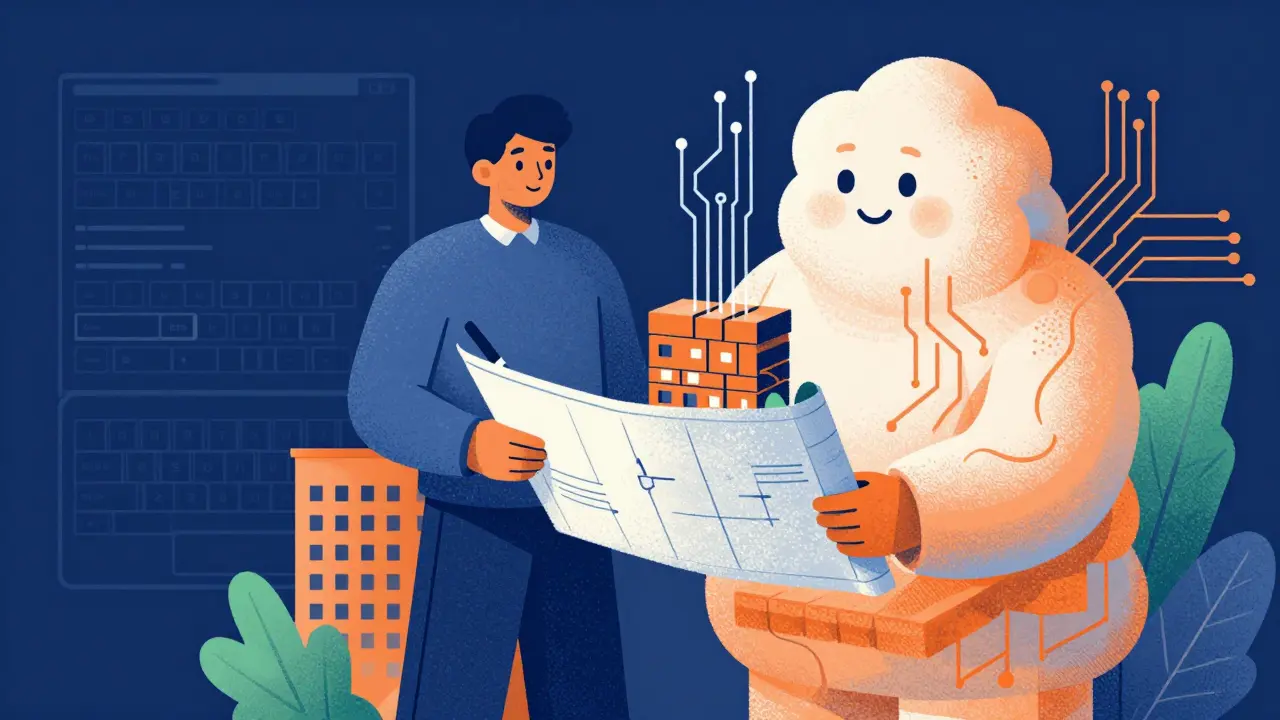 Illustration of human and AI collaborating on software architecture in Risograph style.