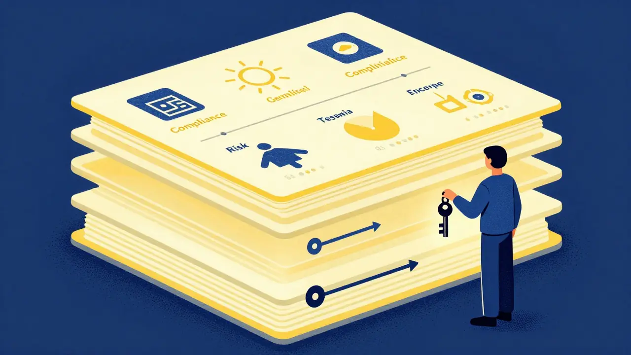 Layered playbook structure guiding an AI agent with symbols of legal rules and standards.