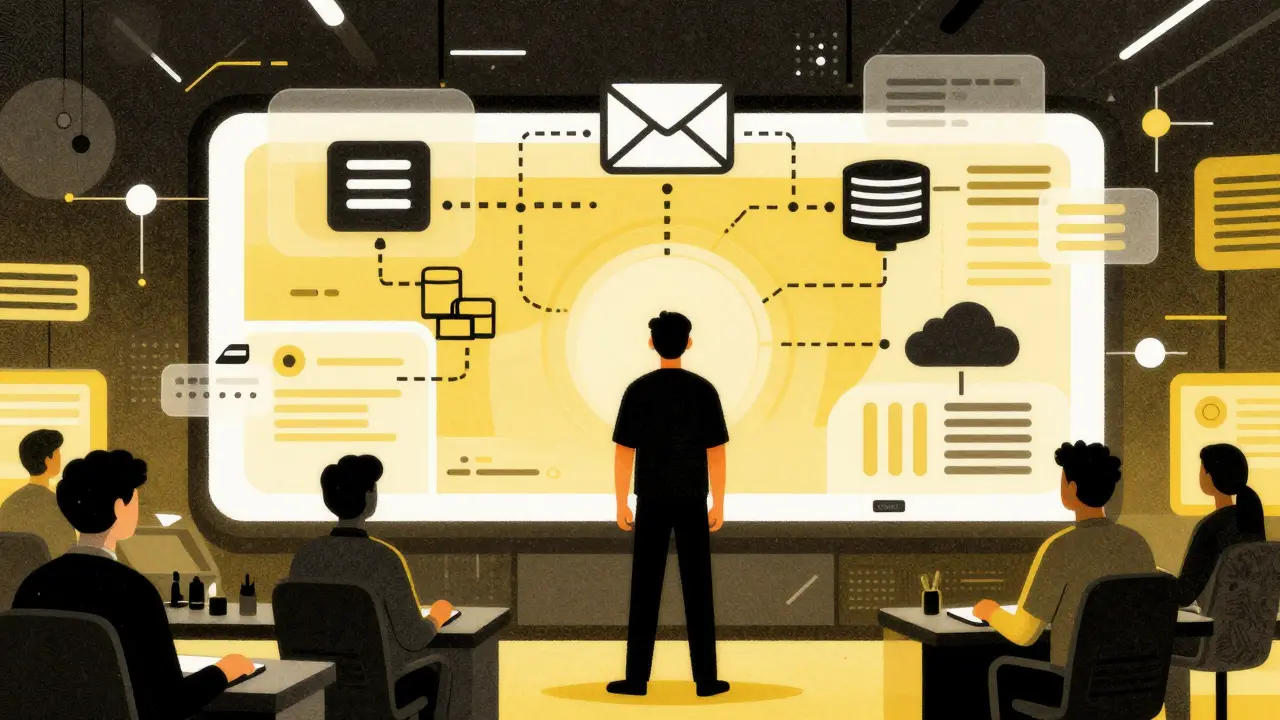 Ops professional managing a streamlined, AI-powered dashboard in a stylized office.