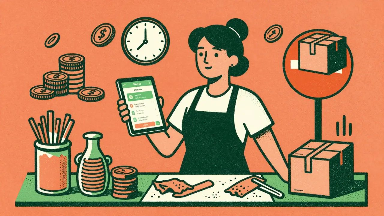 Restaurant owner using a custom app to save money, illustrated in risograph style.
