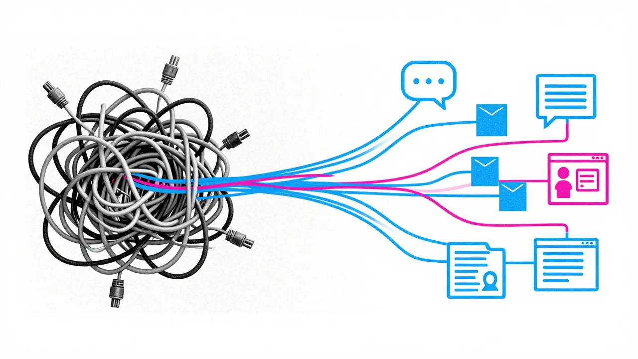Risograph art contrasting tangled old coding methods with smooth AI automation flows.