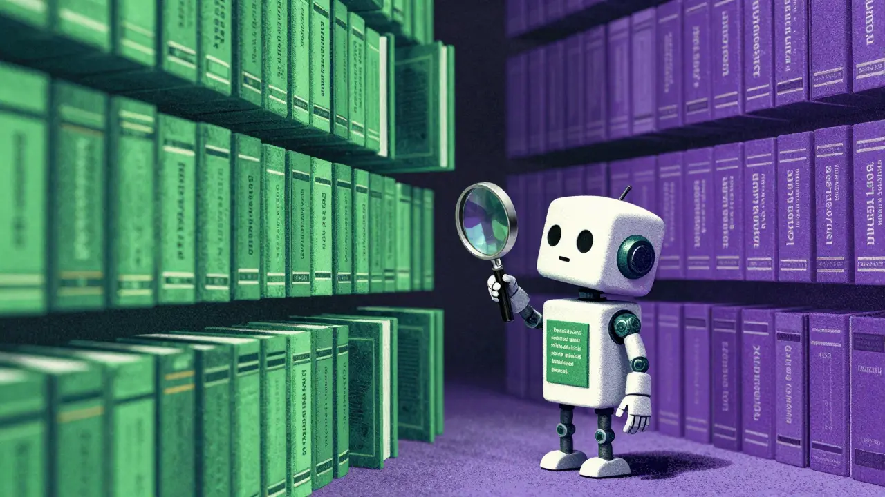 Risograph art of a robot searching through floating books to find specific information.