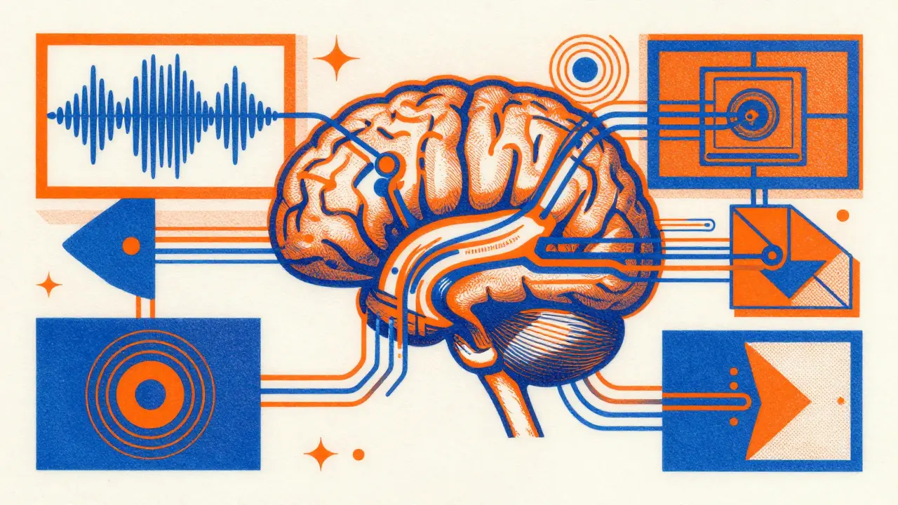 Risograph art showing multimodal AI processing audio, image, and video data streams.