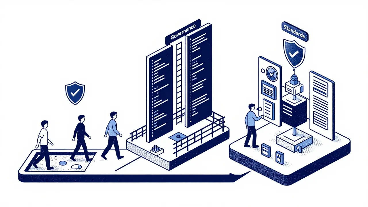Risograph art showing three phases of scaling vibe coding adoption with governance.