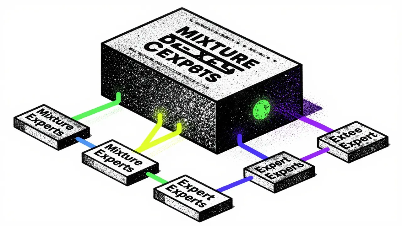 Risograph graphic depicting Mixture-of-Experts AI routing queries through specialized nodes.