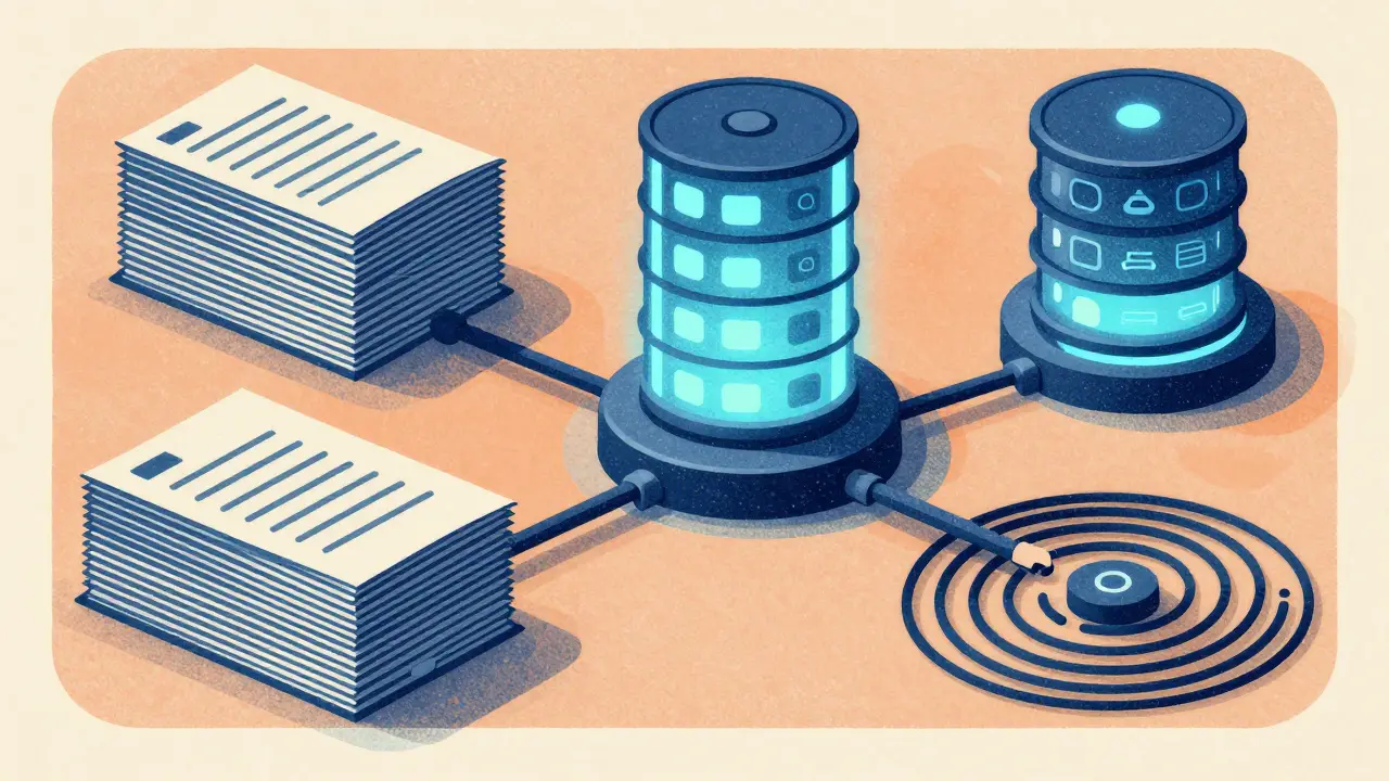 Risograph graphic of AI memory systems with compressed stacks and vector databases